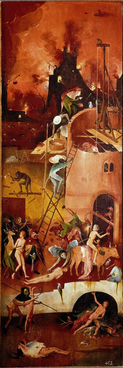 Heinätrypsi: helvetin rakenteet. Oikea sisäpaneeli. Hieronymus Van Aekenin (Aken) maalaus puulle, Jerome Bosch (1450-1516) 1500-1502 Dim. 140x232 cm Real Monasterio de El Escorial, El Escorial, Espanja tekijältä Hieronymus Bosch