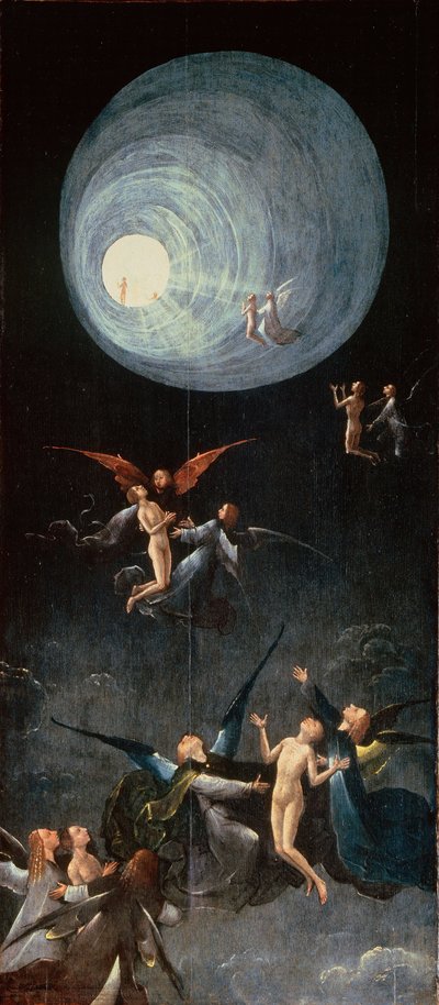 les ames bienheureuses. Le Paradis - Nousu taivaaseen. Lähde: Neljä visiota tulevaisuudesta par Bosch, Hieronymus (n. 1450-1516). Öljy puulle, koko: 88,8x39,9, n. 1490-1510, Palazzo Grimani, Venetsia tekijältä Hieronymus Bosch