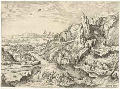 Abraham ja Iisak matkalla uhripaikalle Maisemat, joissa on raamatullisia ja mytologisia kohtauksia (sarjan nimi) tekijältä Hieronymus Cock