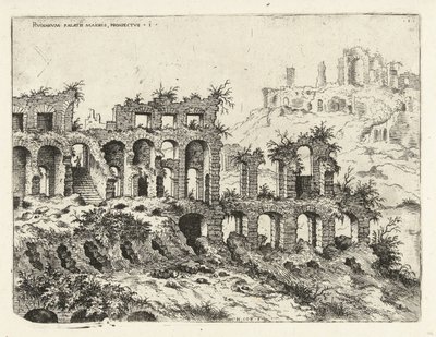Näkymä Colosseumille ja Palatine-kukkulalle Rvinarvm palatii maioris, prospectvs 1 (otsikko esineessä) Rooman rauniot (sarjan nimi) tekijältä Hieronymus Cock