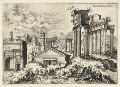 Näkymä Forum Romanumille Capitolilta Ex variis, apvd capitolvm rvinis (...) (otsikko esineessä) Rooman rauniot (sarjan nimi) tekijältä Hieronymus Cock