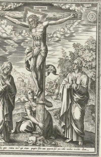 Ristiinnaulitseminen Marian, Johannes Kastajan ja Maria Magdaleenan kanssa tekijältä Hieronymus Cock
