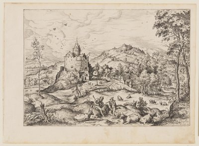 Mercury Lulling to Sleep Argus, teoksesta Landscapes with Biblical and Mythological Scenes (Maisemat, joissa on raamatullisia ja mytologisia maisemia) tekijältä Hieronymus Cock
