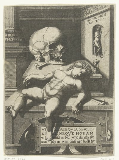 Vanitas-esitys lapsen ja kallon kanssa (Hodi mihi kras tibi / Tänään minä, huomenna sinä) tekijältä Hieronymus Cock