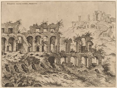 Näkymä Colosseumille ja Palatinus taustalla tekijältä Hieronymus Cock