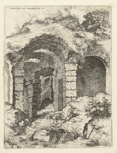 Kuudes näkymä Colosseumille Roomassa Colossæi etsii vs 6 (otsikko esineessä) Roman Ruins (sarjan nimi) tekijältä Hieronymus Cock