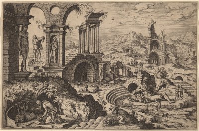 Pyhä Hieronymus maisemassa raunioiden kanssa tekijältä Hieronymus Cock after Maerten van Heemskerck