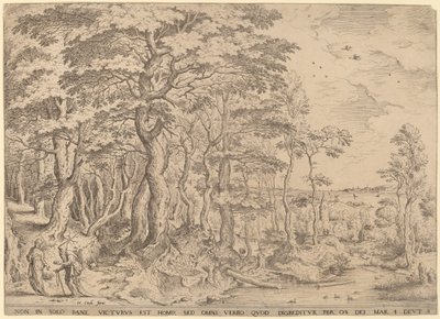 Maisema Kristuksen kiusauksen kanssa tekijältä Hieronymus Cock after Pieter Bruegel the Elder