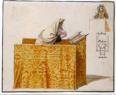 Vesiväri, höyhen, 27 x 33 cm. Rabbi synagogassa, Hieronymus Hessin (1799 - 1850) piirustus, hahmon projekti. (JM 1190) Jewish Museum Basel, Sveitsi. tekijältä Hieronymus Hess