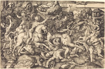 Taistelu ratsumiesten ja jalkasotilaiden välillä tekijältä Hieronymus Hopfer after Raphael