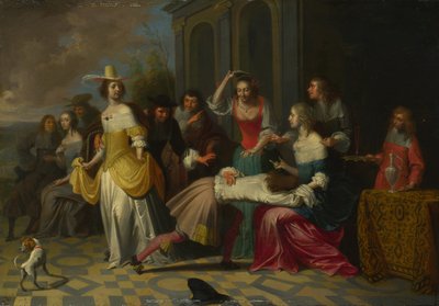 Naiset ja herrat soittamassa La Main Chaudea, c. 1655-1665 tekijältä Hieronymus, Janssens