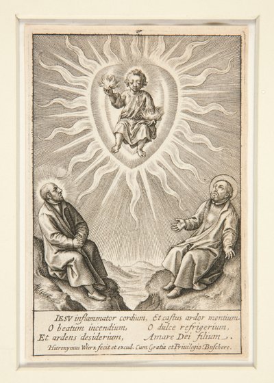 Ignatius of Loyolan ja Francis Xavierin lapsi liekehtivällä sydämellä tekijältä Hieronymus Wierix