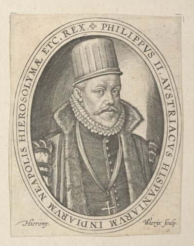 Espanjan Filip II, 1500-luvun loppu - 1600-luvun alku (kaiverrus). tekijältä Hieronymus or Jerome Wierix