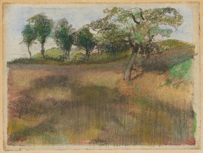 Kynnetty pelto, jota reunustavat puut. tekijältä Hilaire Germain Edgar Degas