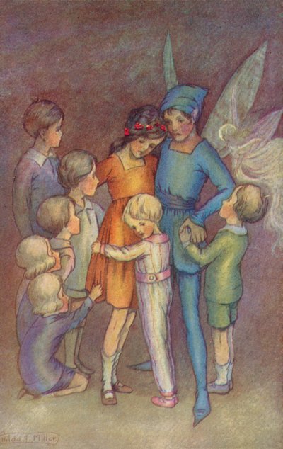 Peter Pan ja Helinäpeli (värilitografia) tekijältä Hilda Theodora Miller
