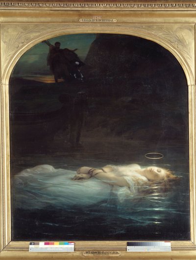 Der junge Märtyrer. Der Leichnam eines jungen christlichen Märtyrers mit Heiligenschein schwebt auf einem Gewässer. Gemälde von Paul Delaroche (1797-1856) 1855 von Paul Delaroche