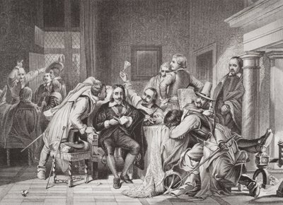 Charles I (1600-49) vartiohuoneessa, jota Oliver Cromwellin sotilaat loukkasivat, "Englannin ja Skotlannin historian kuvituksista" osa I tekijältä Hippolyte Delaroche