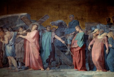 Kristus kantamassa ristiään Yksityiskohta Hyppolithe Flandrinin (1800-1864) freskosta 1800-luvun Saint Germain des Presin kirkko, Pariisi tekijältä Hippolyte Flandrin