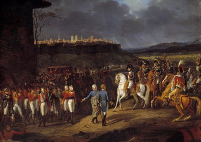 Espanjan kampanja: "" Keisari Napoleon I esiteltiin Astorgassa, Espanjassa, englantilaisia vankeja ja käski heitä kohdella erityisen huolellisesti, tammikuu 1809" Yksityiskohta. Hippolyte Lecomten (1781-1857) maalaus 1810 su. 1,13x1,52 m tekijältä Hippolyte Lecomte