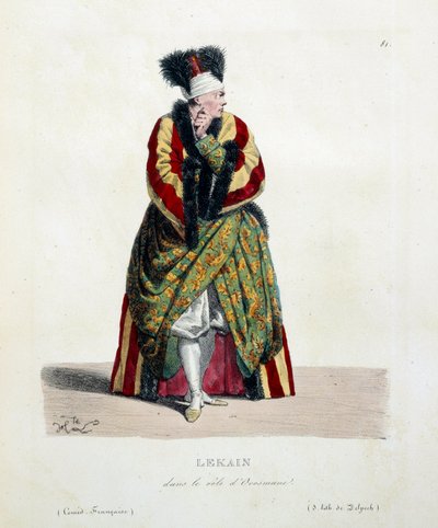 Ranskalainen näyttelijä Henri Louis Cain kutsui Lekain tai Le Kain (1729-1778) Orosmanen roolissa Voltairen näytelmässä Zaire (1694-1746) ranskalaisessa komediassa. Hippolyte Lecomten (1781-1857) litografia 1800-luvun yksityinen kokoelma tekijältä Hippolyte Lecomte
