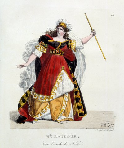 Ranskalainen näyttelijä Mademoiselle Raucourt (kuoli 1815) Medeen roolissa Comedie Francaisessa; Hippolyte Lecomten litografia (1781-1857) tekijältä Hippolyte Lecomte
