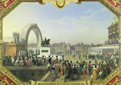 Henri IV:n (1553-1610) patsaan uudelleen pystytys Pont Neufiin, 25. elokuuta 1818 tekijältä Hippolyte Lecomte
