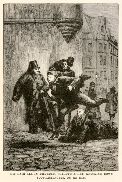 Hänen hiuksensa kaikki sekaisin, ilman hattua, kaataen jalkamatkustajia, hän juoksi Jules Vernen (1828-1905) Louisin kaiverruksesta "Maailman ympäri kahdeksankymmenessä päivässä" tekijältä Hippolyte Leon (after) Benett