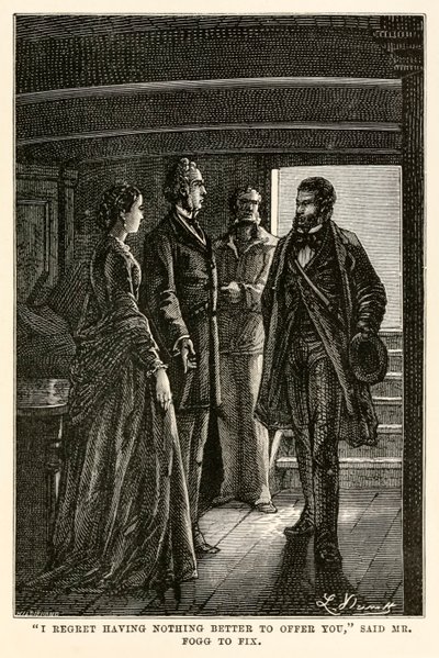 "Olen pahoillani, ettei minulla ole sinulle parempaa tarjottavana", sanoi herra Fogg Fixille, Jules Vernen (1828-1905) teoksesta Maailman ympäri kahdeksankymmenessä päivässä, Henri-Théophile Hildebrandin (1824-97) kaiverruksesta. tekijältä Hippolyte Leon (after) Benett