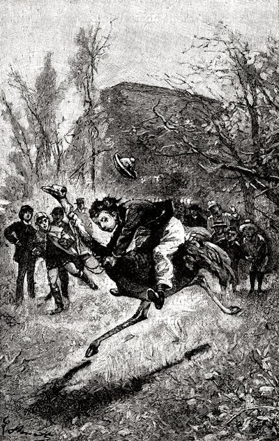 Ang batang Serbisyo ay nakasakay sa isang ostrich. Engravingfinn tekijältä Hippolyte Leon Benett