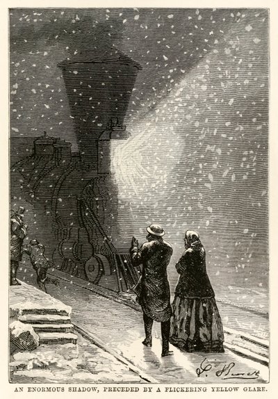 Valtava varjo, jota edeltää välkkyvä keltainen häikäisy, Jules Vernen (1828-1905) teoksesta Maailman ympäri kahdeksassakymmenessä päivässä, kaiverrettu Adolphe François Pannemaker (1822-1900), 1873 tekijältä Hippolyte Leon after Benett