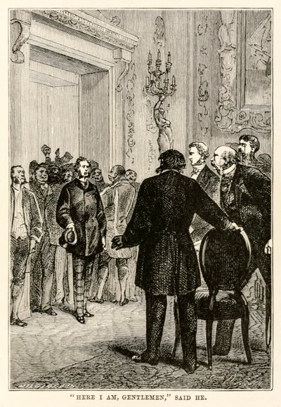 Tässä olen herrat, sanoi hän Jules Vernen (1828-1905) teoksesta Maailman ympäri kahdeksassakymmenessä päivässä, Henri-Théophile Hildebrandin (1824-97) kaiverrus, 1873 tekijältä Hippolyte Leon after Benett