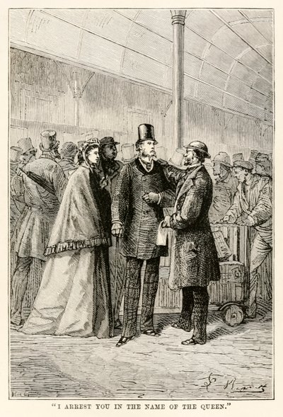 Pidätän sinut kuningattaren nimissä Jules Vernen (1828-1905) teoksesta Maailman ympäri kahdeksassakymmenessä päivässä, 1873 tekijältä Hippolyte Leon after Benett