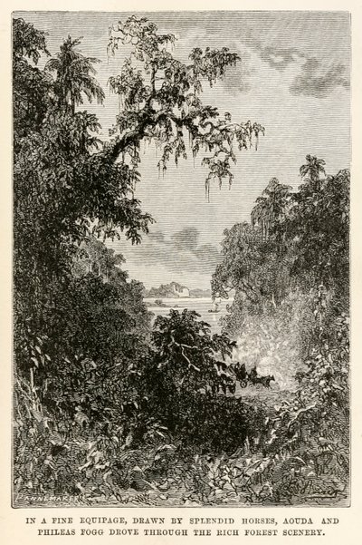 Hienoissa, loistavien hevosten vetämissä vaunuissa Aouda ja Phileas Fogg ajoivat läpi rikkaiden metsämaisemien, Jules Vernen (1828-1905) teoksesta Maailman ympäri kahdeksassakymmenessä päivässä, kaivertaja Henri-Théophile tekijältä Hippolyte Leon after Benett