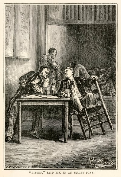 Kuunnelkaa, sanoi Fix alaäänellä, Jules Vernen (1828-1905) teoksesta Maailman ympäri kahdeksassakymmenessä päivässä, jonka on kaiverruttanut Henri-Théophile Hildebrand (1824-97), 1873. tekijältä Hippolyte Leon after Benett