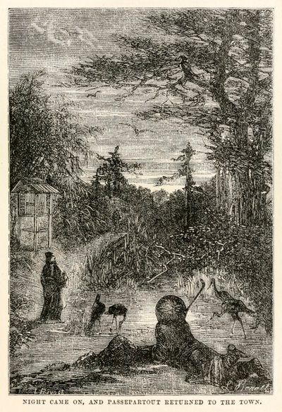 Yö koitti, ja Passepartout palasi kaupunkiin Jules Vernen (1828-1905) Maailman ympäri kahdeksankymmenessä päivässä, kaiverruksesta Louis Prevost, 1873. tekijältä Hippolyte Leon after Benett