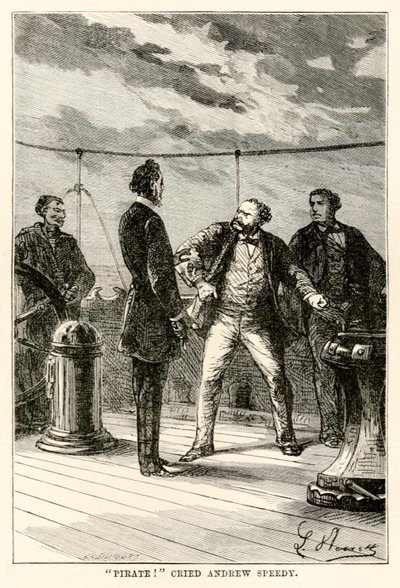 Merirosvo! huudahti Andrew Speedy. Jules Vernen (1828-1905) teoksesta Maailman ympäri kahdeksassakymmenessä päivässä kaiverrus Louis Dumont (s.1822) 1873 tekijältä Hippolyte Leon after Benett
