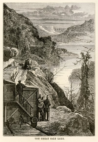 Suuri Suolajärvi Jules Vernen (1828-1905) teoksesta Maailman ympäri kahdeksassakymmenessä päivässä, Prévostin kaiverrus, 1873. tekijältä Hippolyte Leon after Benett