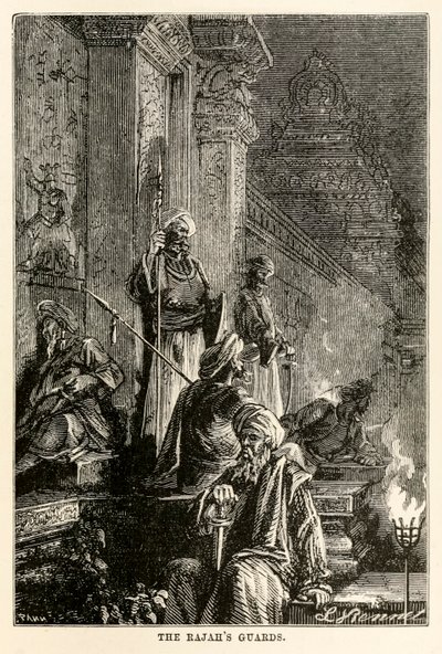 Rajahien vartijat, Jules Vernen (1828-1905) teoksesta Maailman ympäri kahdeksassakymmenessä päivässä, kaivertaja Adolphe François Pannemaker (1822-1900), 1873. tekijältä Hippolyte Leon after Benett