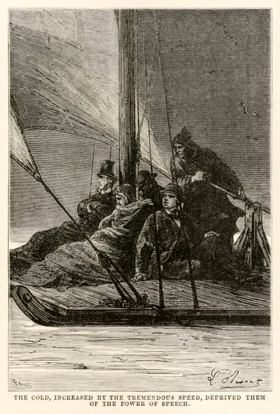 Kylmyys, jota valtava vauhti lisäsi, vei heiltä puhekyvyn, Jules Vernen (1828-1905) teoksesta Maailman ympäri kahdeksassakymmenessä päivässä, jonka on kaiverruttanut Adolphe François Pannemaker (1822-1900), tekijältä Hippolyte Leon after Benett