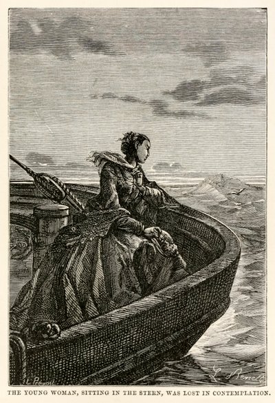 Nuori nainen istuu perässä ja vaipuu mietteisiin, Jules Vernen (1828-1905) teoksesta Maailman ympäri kahdeksassakymmenessä päivässä, kaivertaja Jean Louis Prevost (1790-1850), 1873. tekijältä Hippolyte Leon after Benett