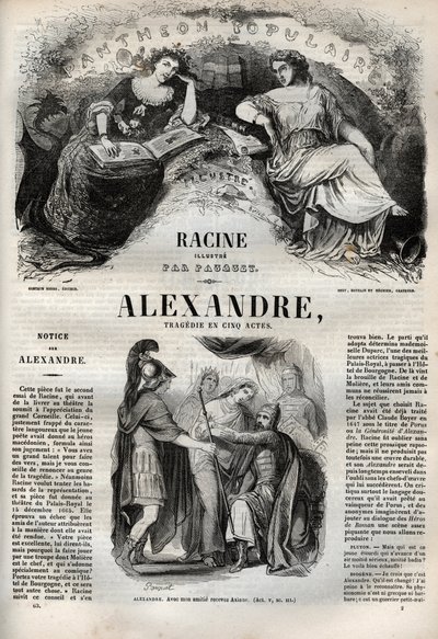 Aleksanteri Suuren tragedia viidessä näytöksessä - kaiverrus "" Jean Racinen teoksiin"" kuvittamana Pauquet ja huomautuksen Emile de La Bedolliere - 1851 tekijältä Hippolyte Louis Pauquet