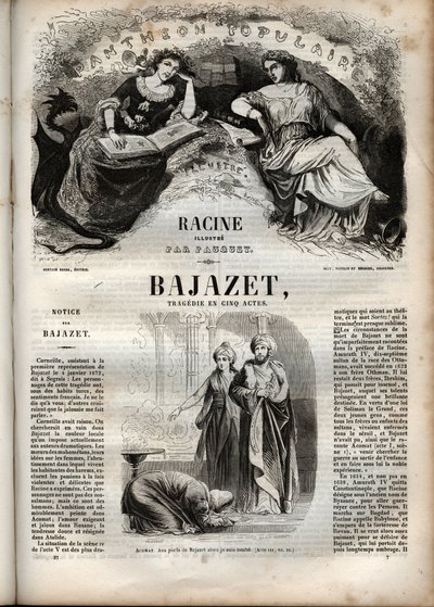 Bajazetin tragedia viidessä näytöksessä Jean Racinen kaiverruksella "" Oeuvres de Jean Racine"" kuvittamana Pauquet ja huomautuksen Emile de La Bedolliere - 1851 tekijältä Hippolyte Louis Pauquet