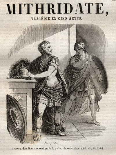 Jean Racinen Mithridate-tragedia viidessä näytöksessä - kaiverrus kirjaan "" Oeuvres de Jean Racine"", kuvittanut Pauquet ja huomautus Emile de La Bedollieresta - 1851 tekijältä Hippolyte Louis Pauquet