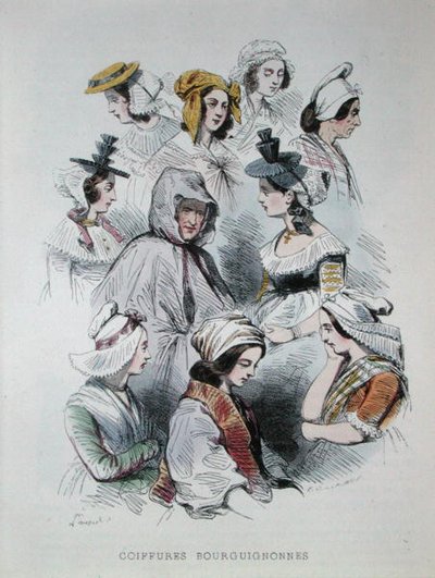 Burgundialaisten talonpoikien päähineet kirjasta Les Francais peints par lui-mes tekijältä Hippolyte Louis and Polydore Pauquet