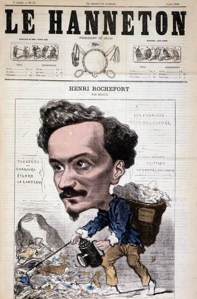 Sarjakuva Henri Rochefort (1831-1913), ranskalainen toimittaja, kirjailija ja poliitikko. Le Hannetonissa, 4. kesäkuuta tekijältä Hippolyte Mailly