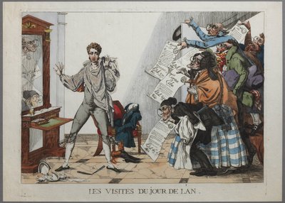Uudenvuoden vierailut - (Joukko velkojia kulkee nuoren miehen asunnon ovesta heilutellen laskuja edellisen vuoden ylellisyydestä. Joulukuu 1814 Käsinvärinen kaiverrus) - Vierailijat uudenvuodenpäivänä pa tekijältä Hippolyte Pochon