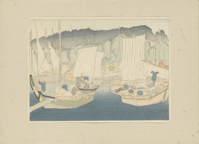 Veneitä Shiogaman satamassa Shiogama (otsikko esineessä) Kolmas osa, Tôhokun alue (sarjan nimi) Dai sanshû, Tôhoku no bu (sarjan nimi esineessä) Printit japanilaisista maisemista (sarjan nimi) Nihon fûkei hanga (sarjan nimi esineessä) tekijältä Hirafuku Hyakusui