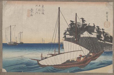 Nro 43 "Kuwana: Shichiri Crossing" Tokaidon 53 asemalta (puupiirros) tekijältä Hirokage Utagawa