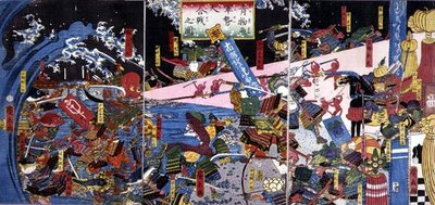 Taistelukohtauksen parodia, joka kuvaa vihannesten ja kalojen taistelua tekijältä Hirokage Utagawa