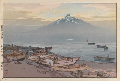 Rauhallinen Rishiri (puupainatus paperille) tekijältä Hiroshi Yoshida